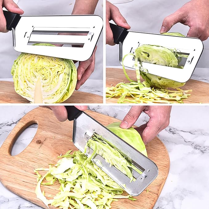 2 Pcs Stainless Steel Vegetable Cutter, Cabbage Shredder, Upgraded Double-Layer Slicer for Sauerkraut, Kitchen Knife with Sharp Blades for Slicing, Grating & Shredding (2 Pcs-Black-Red)