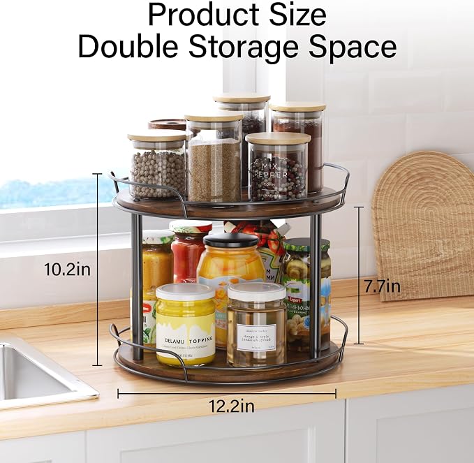 12'' Lazy Susan Turntable Organizer, 2-Tier Rotating Spice Rack | Wooden Lazy Susan for Cabinet, Table Top, Kitchen Countertop, Pantry, Bathroom, Vanity, Home Decor