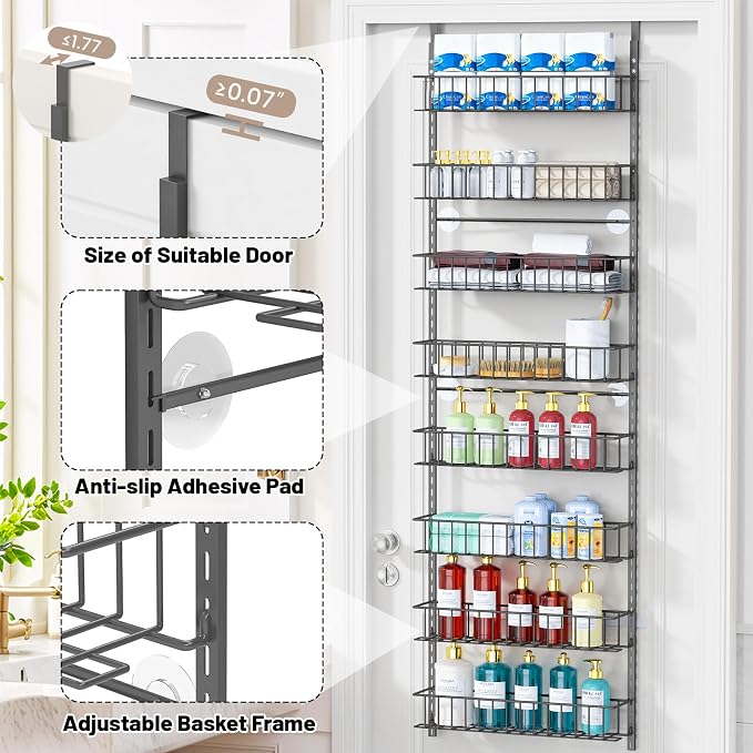 ElegantArray 8-Tier Pantry Door Organizer, Deep Gray | Over The Door, Hanging Spice Rack Shelves, Home Office Laundry Room Bathroom & Kitchen, Rack and Storage