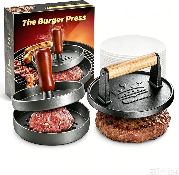 Smash Burger Press 6.5" Burger Patty Maker Set 20pc Baking Paper | 2lb Heavy-Duty Grill Bacon Meat Press with Wood Handle,Nonstick hamburger Smasher for griddle accessories,BBQs and Tailgates