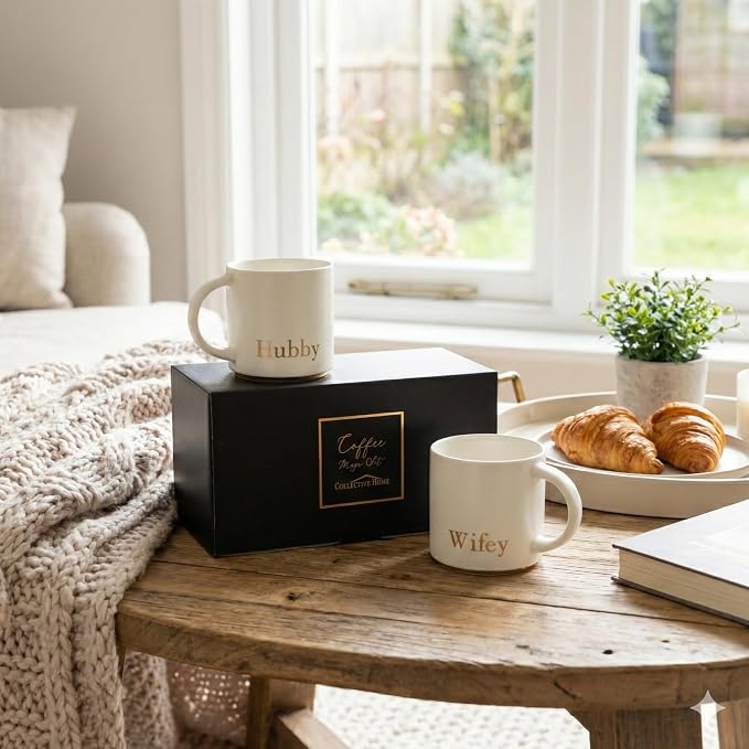 COLLECTIVE HOME Hubby & Wifey Ceramic Coffee Mug Set, 15oz, 2-Piece | Luxury Wedding Gift for Couples, Elegant Coffee Cups for Newlyweds, Anniversary & Engagement Gift, Gift Box Set