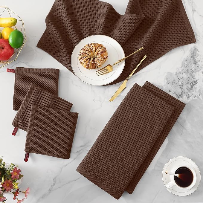 Kitinjoy 100% Cotton Waffle 4-Pack Kitchen Towels, 13" x 28", Coffee | Super Soft, Ultra-Absorbent, Fast Drying, lightweight, Quick Drying Kitchen Hand Towels