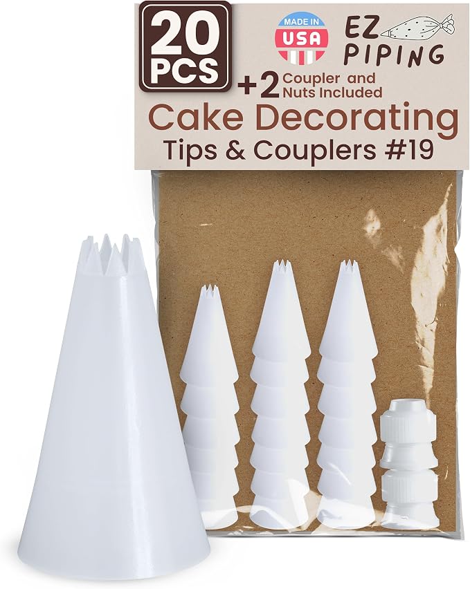 Reusable Plastic Piping Tips, Nozzles Standard Size Star Tip #19 (20pcs) | EZPiping Icing Nozzles with 2 couplers for Cake Decoration and Dessert Design, Baking Supplies Base Ø 0.75" Height 1.25"