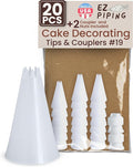 Reusable Plastic Piping Tips, Nozzles Standard Size Star Tip #19 (20pcs) | EZPiping Icing Nozzles with 2 couplers for Cake Decoration and Dessert Design, Baking Supplies Base Ø 0.75" Height 1.25"
