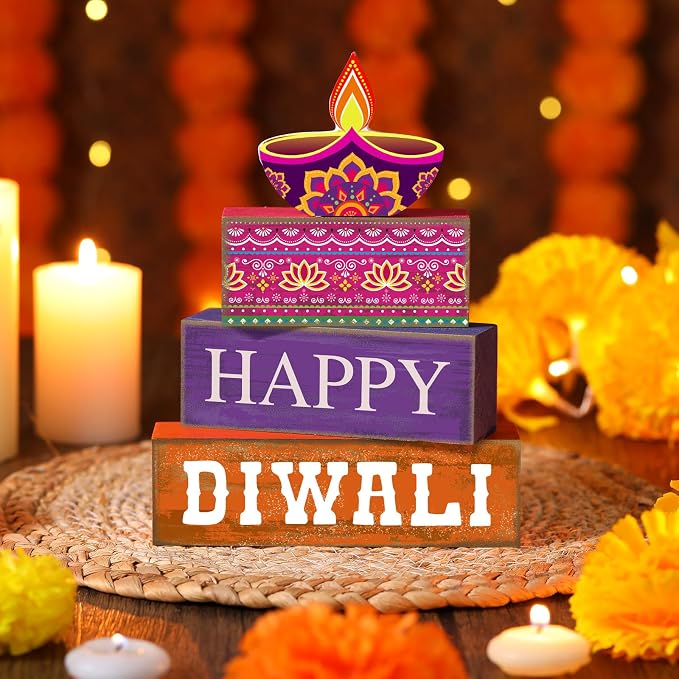 Lineshading 4 Pcs Wooden Diwali Tiered Tray Decor, Block Signs for Home | Rustic Farmhouse Style with Happy Diwali Lamp Design, Stackable Blocks for Tiered Tray, Festival Home Gift Decor