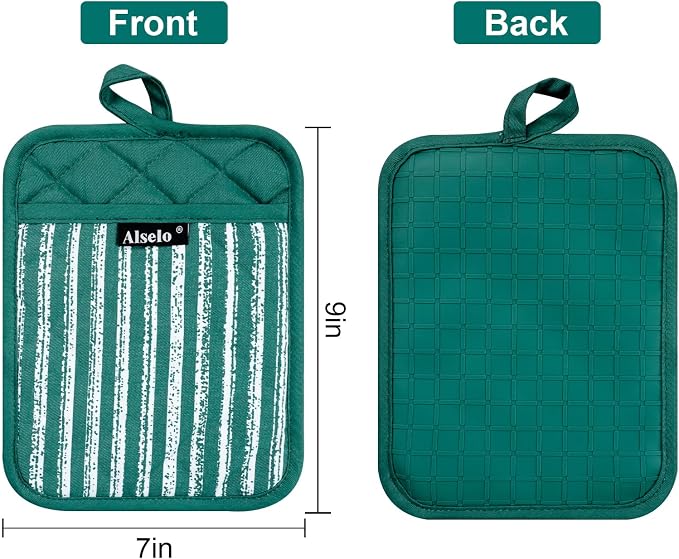 Alselo Silicone Pot Holders Set of 3 Heat Resistant & Non Slip Potholders | Professional Oven Hot Pads with Pockets Mitts for Kitchen Cooking Baking Barbecue (Emerald Green, 3)