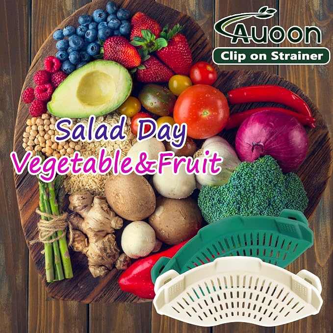 AUOON Pasta Strainer Clip on Silicone, Standard 8.86 x 3.55 in, White | BPA-free, Fits All Pots Pans Bowls, Dishwasher Safe, for Meat Noodles Vegetable Fruits, Space-saving Kitchen Gadget