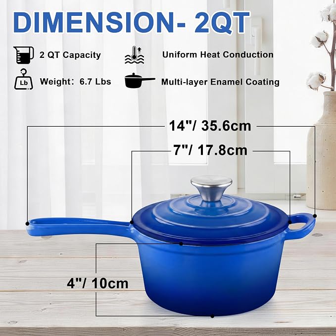 2 Quart Saucepan with Lid, Leonyo Enameled Cast Iron Dutch Oven Pot, Non Stick Small Cooking Pots Kitchen Induction Cookware for All Cooktops Cooking Pasta, Soup, Ramen - Up to 500°F, Dark Blue