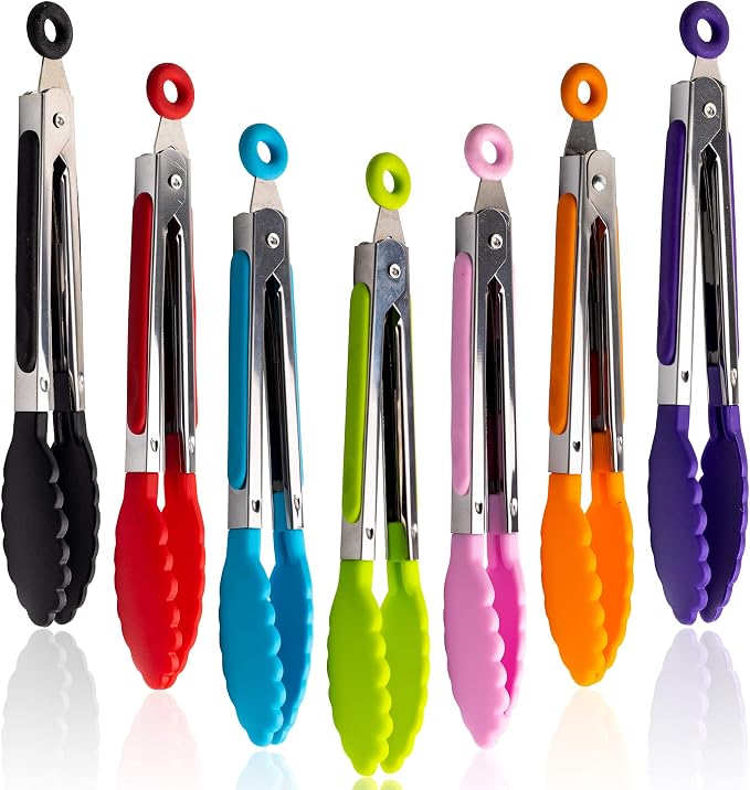 7 Pack Kitchen Tongs Set 7-Inch Color Mini Small Food Tongs with Stainless Steel Silicon Handles and Nylon Tips Heat Resistant Tongs for Cooking, Serving, BBQ, Grilling, Salad and More