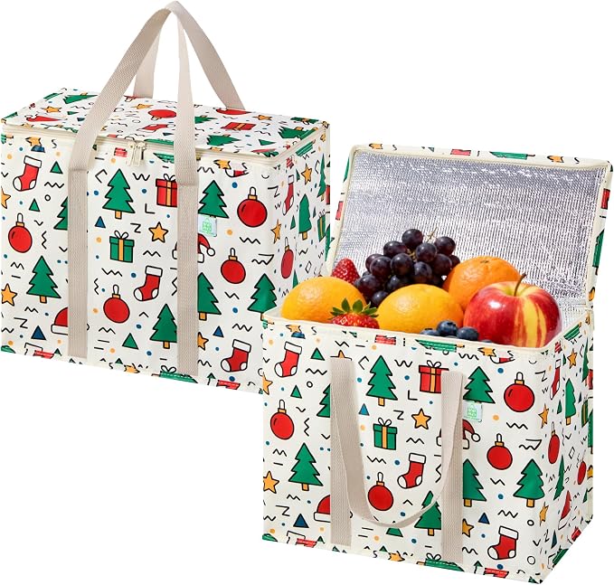 VENO 2 Pack Insulated Cooler Bag for Food Delivery, Reusable Grocery Bag | Heavy Duty Large Collapsible Cooler Shopping Tote w/ Zippers, Foldable, Stands Upright for Camping Picnic(Jingle Mix, 2 Pack)