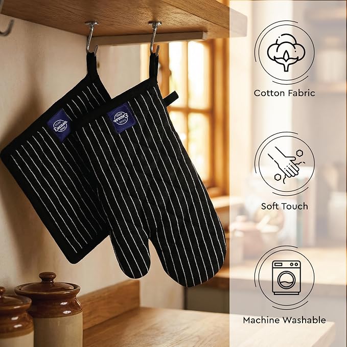 Encasa XO Oven Mitts and Pot Holders Set, Heat Resistant Cotton | Butcher Stripes Black, Diamond Quilted | Non-Slip Grip | Microwave & Oven Safe | Hanging Loop | Machine Washable | Set of 2