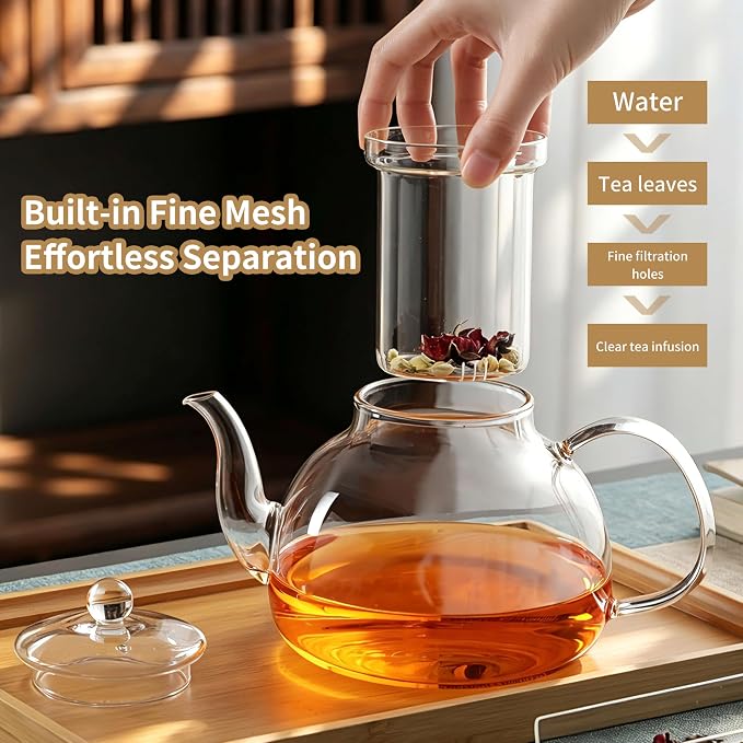 DOPUDO 40OZ (1200ML) Glass Teapot with Infuser Stovetop Safe, Clear Glass Tea Pot Kettle, Borosilicate Tea Pot with Infusers Filter for Loose Tea, Tea Kettle Dishwasher Safe.