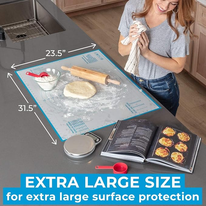 Silicone Pastry Mat XXL, Extra Large Dough Rolling Mat for Baking & Pizza | Non-Slip, Easy-Clean Surface, 23.5 x 31.5 Inches, Printed Measurements & Conversion Chart, For Dough, Cookies, Pie & Fondant.