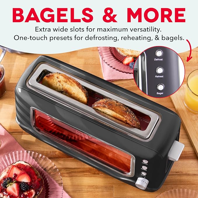 Dash Clear View Toaster | 10" Long Slot 2 Slice Toaster with See-Through Glass Window, 7 Browning Levels, Bagel, Defrost & Reheat Functions, Removable Glass Panel, Crumb Tray, Black