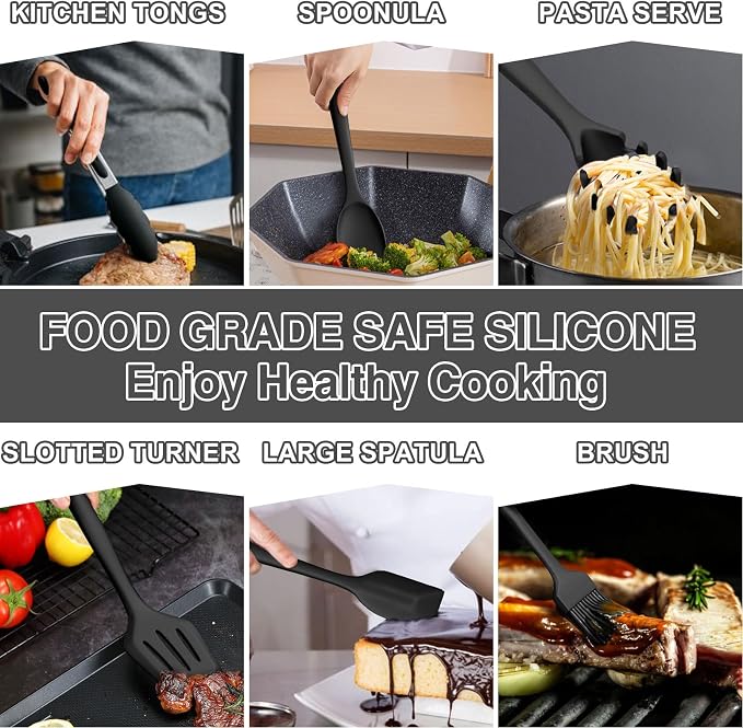 Silicone Kitchen Utensils Set, Umite Chef 22Pcs Cooking Utensils Spatula Set, Heat Resistant Non-Stick Silicone, Dishwasher Safe Cooking Gadgets Tools Set(Black)