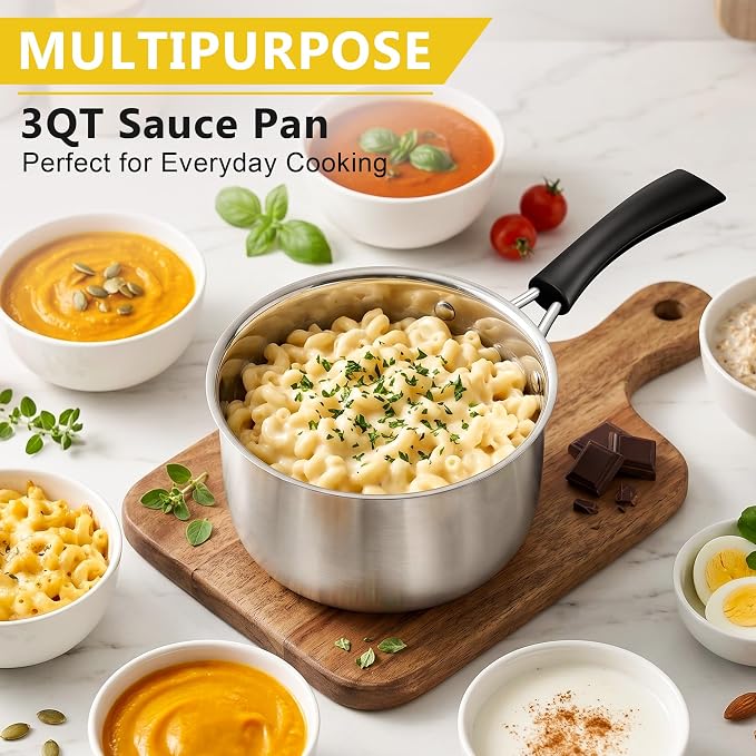 E-far 3 Quart Saucepan with Lid, Stainless Steel Sauce Pan with Heat-Proof Handles, Small Pot for Home Kitchen Restaurant Cooking, Dishwasher Safe