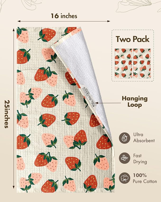 370GSM Cotton Waffle Kitchen Towels, Strawberry | Pure Cotton, Sustainable, Waffle Weave, Terry Cloth, Highly Absorbent, Decorative, 16"x25", with Hanging Loop