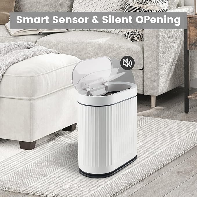 ELPHECO Slim Bathroom Trash Can with Lid, 2 Gallon White Black | Smart Garbage Can, Plastic Wastebasket, Narrow Garbage Bin, Waterproof Bathroom Decor for Bedroom