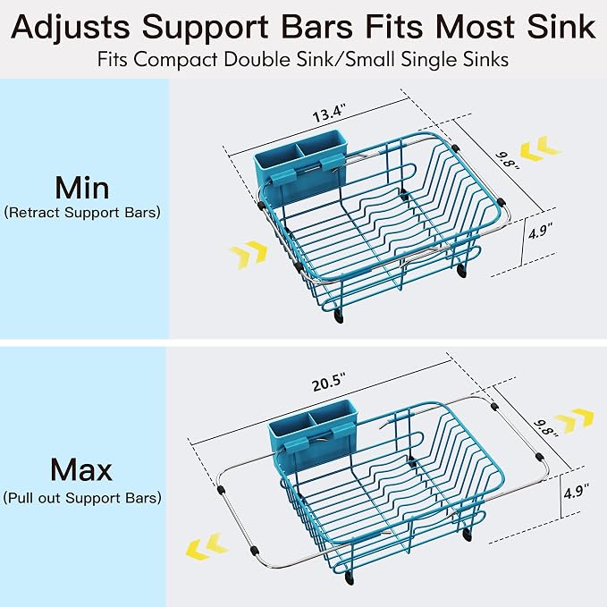 JASIWAY Blue Dish Drying Rack in Sink with Utensil Holder, RV, Apartment | Over Sink Expandable Stainless Steel Dish Drainers for Compact Kitchen, Space Saving, Fast Drain, Rustproof, For 1-2 people