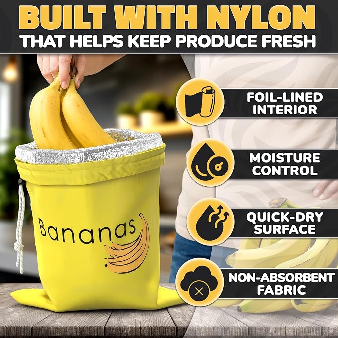 Banana Bag to Keep Bananas Fresh for Longer, Aluminum-Lined Storage | 13.8 x 10.6 In Nylon Storage Keeper Slows Ripening - a Reusable Produce Saver for Fruits and Veggies, on Counters or Travel