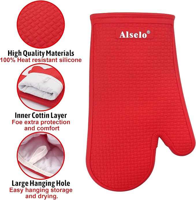 Alselo Oven Mitts Heat Resistant Silicone Kitchen Gloves for 550 Degrees with Waterproof and Non-Silp, Set of 2 Oven Gloves for Baking Cooking Barbecue Microwave Machine Washable (Red, 2)