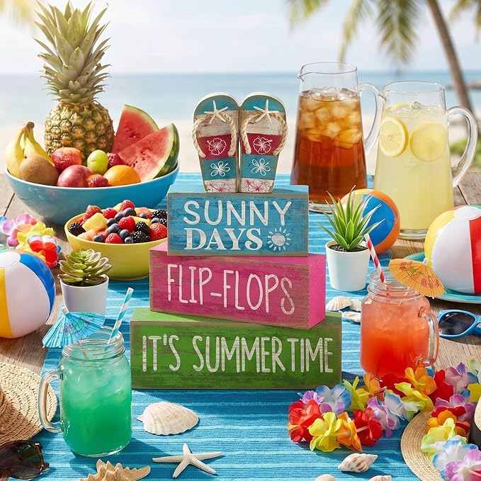 Lineshading 4 Pcs Flip Flop Beach Summer Wooden Block Signs Table Decor | Coastal Tiered Tray Decorations, Farmhouse Rustic Tabletop Display, Flip Flop Theme with Sayings Sunny Days Summertime