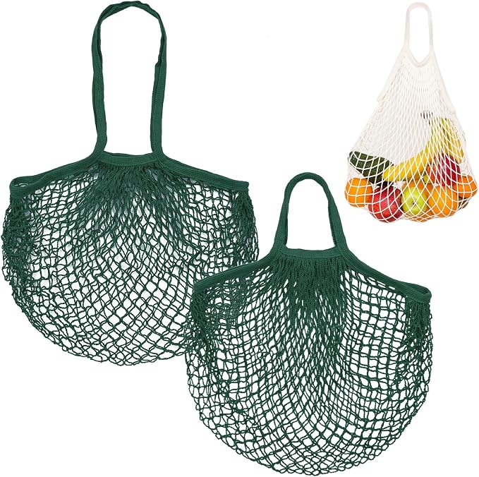M METERXITY 2-Pack Cotton Mesh Bag, Reusable Washable Mesh Net String Grocery Bags, Reusable Produce Bags with Handle, Net Tote Bag for Fruits Shopping [Dark Green, Long&Short Handle]