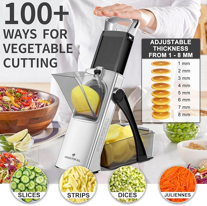 ONCE FOR ALL Safe Mandoline Slicer Plus, Bigger Size, Potato Slicer, Black | 0.1-8mm Adjustable Vegetable Food Chopper, Kitchen Mandoline Slicer Stainless Steel, Detachable Blade, Dishwasher-safe, Gift
