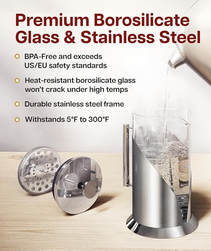 Cafe Du Chateau Stainless Steel French Press Coffee Maker 34 oz – Insulated Coffee Press with 4-Level Filtration, Manual Brewer for Tea, Camping & Travel, BPA-Free Glass (Pack of 2)