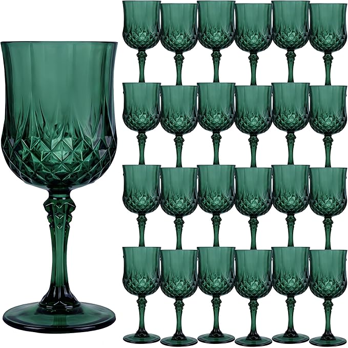 24Pack Plastic Wine Glasses, 7oz Vintage Goblets for Wedding | Unbreakable Crystal Style Reusable Stemware, Elegant Dark Green Drinking Glass for Party Anniversary & Holiday Celebration