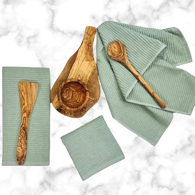 Sage Green Kitchen Hand Dish Towels, Set of 3, 100% Cotton, 18" x 28" | Terry Loop Ribbed Textured, Soft & Absorbent Cleaning Cloth, Quick Dry, Multipurpose for Everyday Use