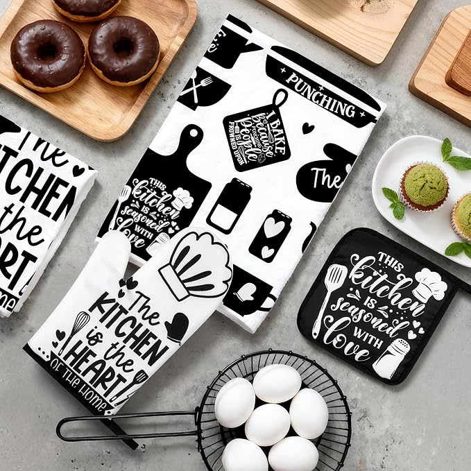 8 Pcs Farmhouse Kitchen Decor Accessories Set 4 Black White Kitchen Dish Towels 2 Oven Mitts 2 Pot Holders Kitchens Towels Pot Holders Oven Mitt Decor for Cooking Baking Housewarming