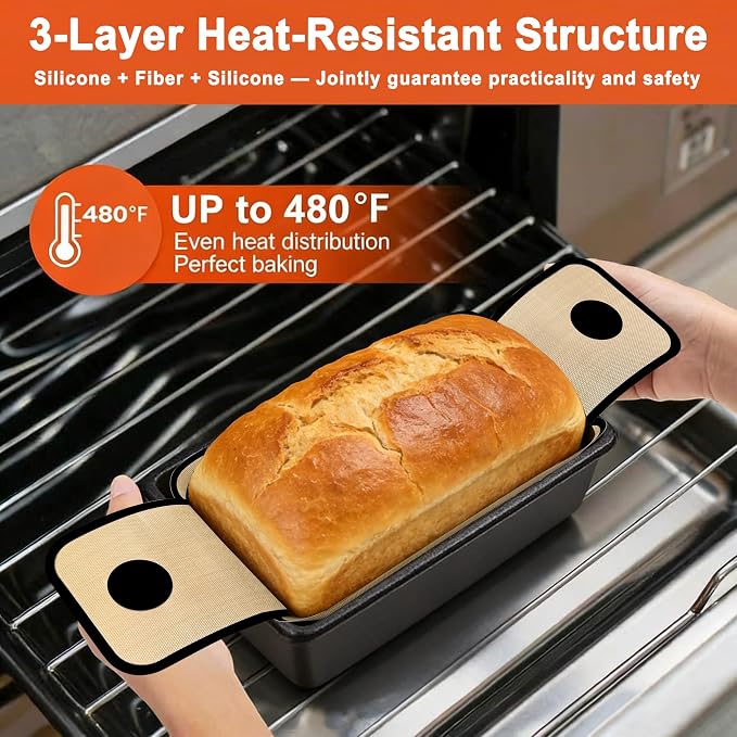4 Pack Full-Coverage Silicone Bread Sling, Nonstick Silicone Loaf Pan Liner | Reusable & Dishwasher Safe Bread Baking Mats Fit 9x5, 9.5x5, 10x5 Inch Bakeware, Folded Corners Prevent Batter Leakage, Brown