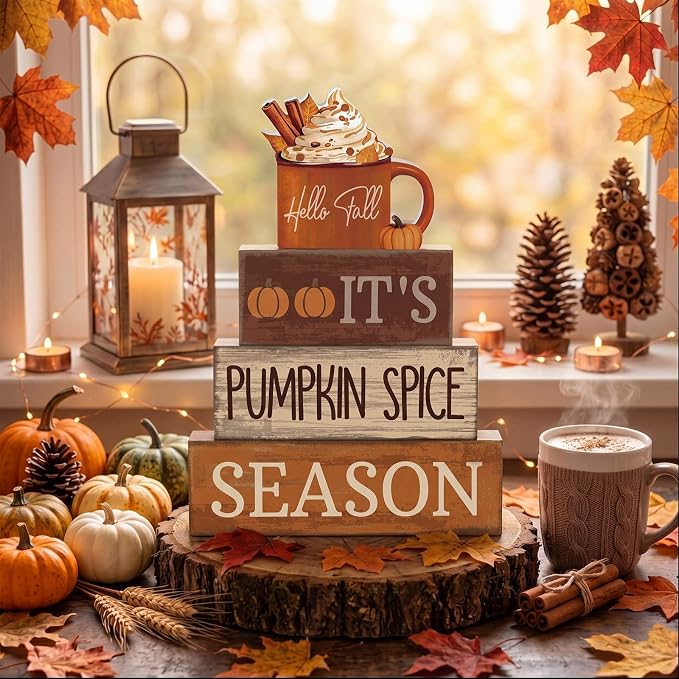 Lineshading 4 Pcs Wooden Fall Block Signs Pumpkin Spice Tabletop Decor | Rustic Farmhouse Stackable Design, Tiered Tray Displays, Coffee Table Centerpiece, Thanksgiving Seasonal Home Decor