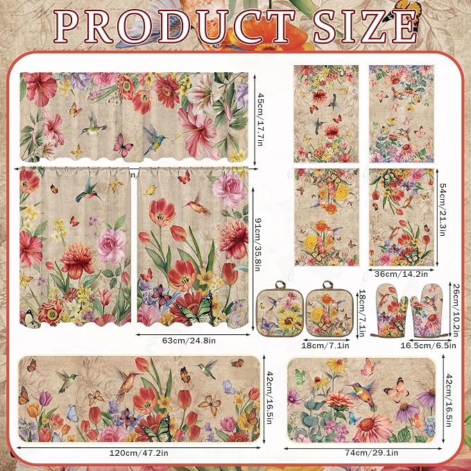 13 Pcs Wildflowers Grass Kitchen Decor Set 3 Hummingbird Kitchen Curtains Valance 2 Spring Rugs and Mats 4 Towels 2 Pot Holders 2 Oven Mitts for Home Cooking Grilling Housewarming Gift