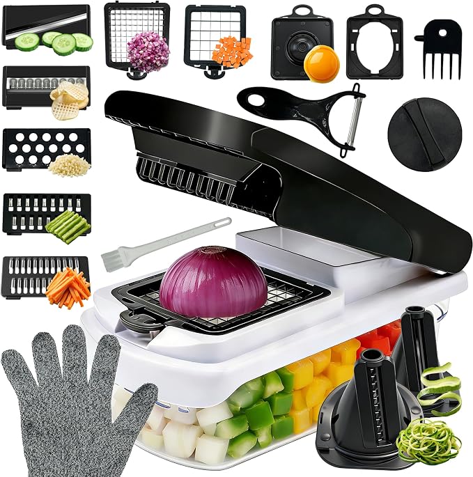 Veggie Chopper & Onion Dicer, Spiralizer, Container, Safety Glove | 17-in-1 veggie chopper with 2 dicer sizes, slicer, spiralizer & peeler. Includes cut-resistant glove & strainer container.
