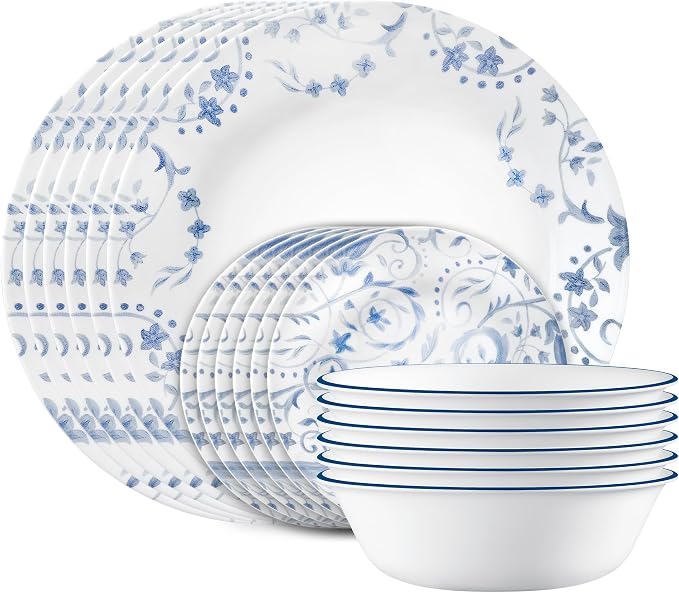 Corelle Vitrelle 18-Piece Service for 6 Dinnerware Set, Triple Layer Glass and Chip Resistant, Lightweight Round Plates and Bowls Set, Darlington
