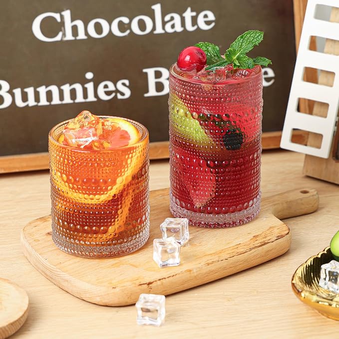 Moretoes 2pcs Hobnail Drinking Glasses,Vintage Glass Cups Set | 12 Oz Highball Glasses & 10 Oz Cocktail Glasses, Clear Embossed Tumbler Glassware Set for Whiskey, Beer, Juice, Milk