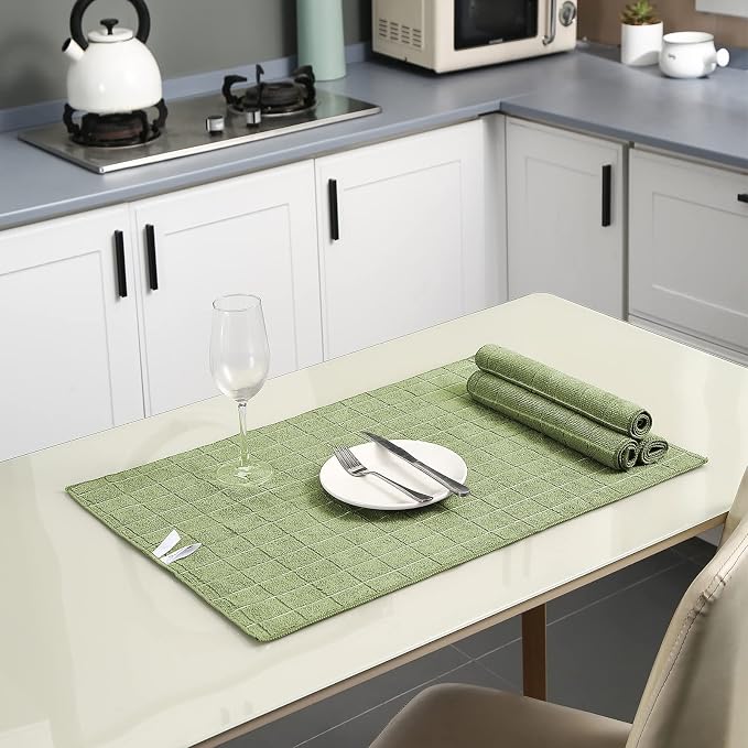 Puomue Microfiber Kitchen Towels and Dishcloths Set, 26 x 18 Inch and 12 x 12 Inch, Set of 12 Bulk Lint Free Dish Towels for Drying Dishes, Olive Green