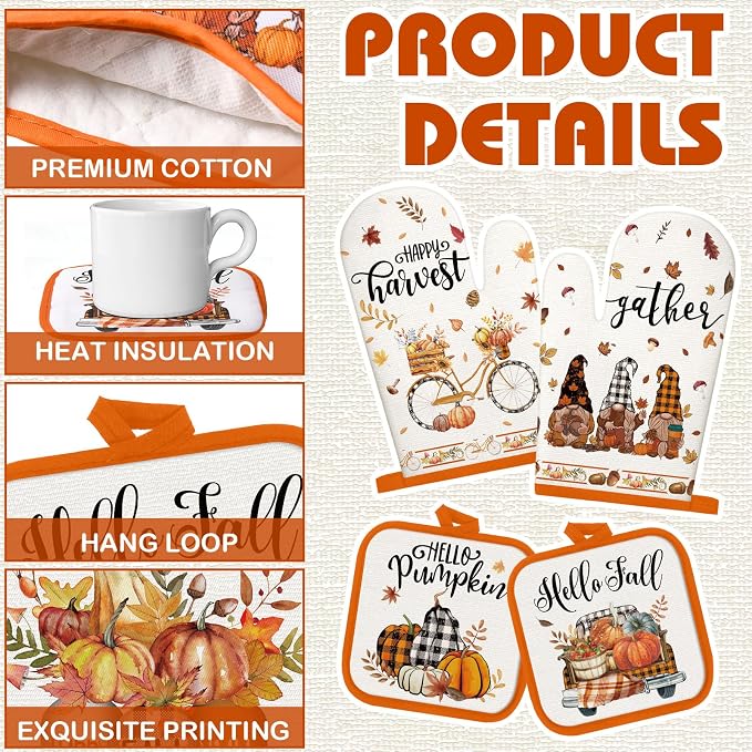 SiliFine 12 Pcs Fall Pumpkin Kitchen Towels Oven Mitts Pot Holders Set | Buffalo Plaid Gnome Harvest Design, Kitchen Accessories for Cooking Baking, Autumn Thanksgiving Decoration, Holiday Gifts