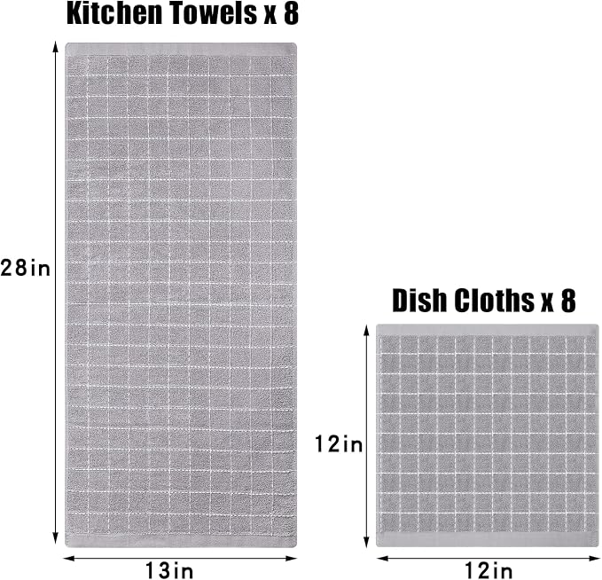 Homaxy Kitchen Towels and Dishcloths Set, Set of 16, Light Grey | Bulk Cotton Terry Kitchen Towels, Checkered Designed, Soft and Super Absorbent Dish Towels, 12 x 12 and 13 x 28 Inches