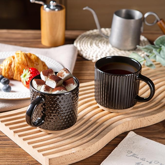 GBhome 6 OZ Stackable Coffee Mugs Set of 4, Ceramic Coffee Cups Set | 4 Assorted Designs, Embossed Mugs with Texture Patterns for Espresso/Tea, Dishwasher&Microwave Safe, Black