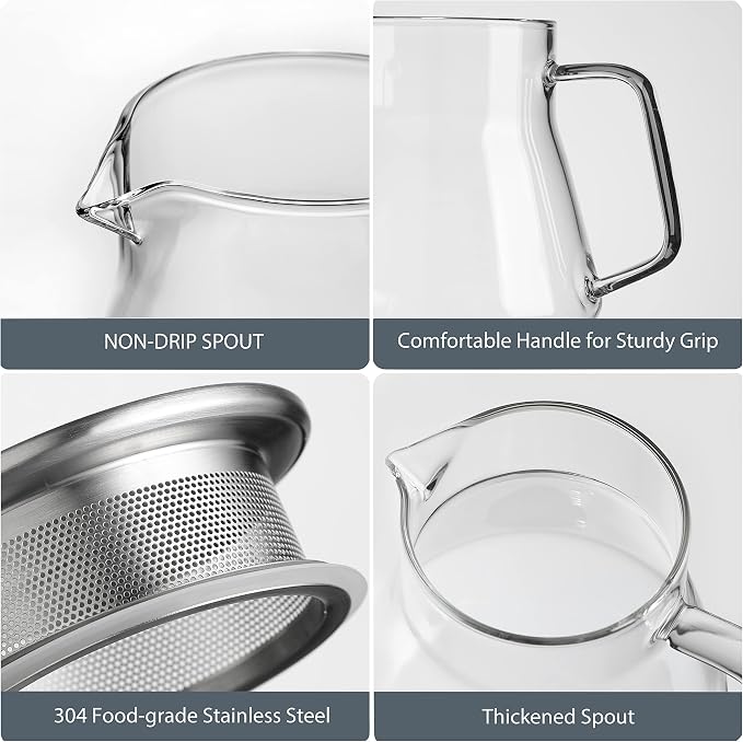 CNGLASS One-Touch Glass Teapot with Stainless Steel Filter Lid,20oz(600ml) Glear Tea Kettle Stovetop Safe,Borosilicate Glass Tea Pots for Loose Leaf Tea