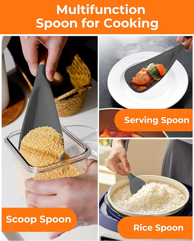 Cooking Spoon Multifunction Spoonula Silicone Spatula Spoon 2-Pack, Dual-Use Heat Resistant 446°F, BPA-Free Non-Toxic Wooden Handle Rice Spoon Set for Non-Stick Cookware & Rice Cookers