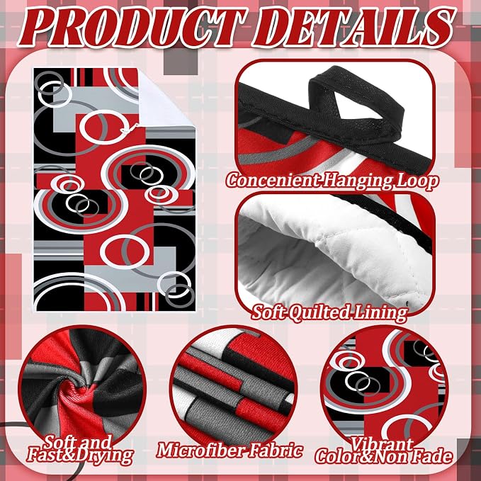 Jingmore 6 Pcs Kitchen Decor Set Accessorie Farmhouse Kitchen Towels Pot Holders Oven Mitts Set 2 Dish Towels 2 Pot Holders 2 Cooking Mittens Oven Glove for Cooking(Red and Black,Geometric)