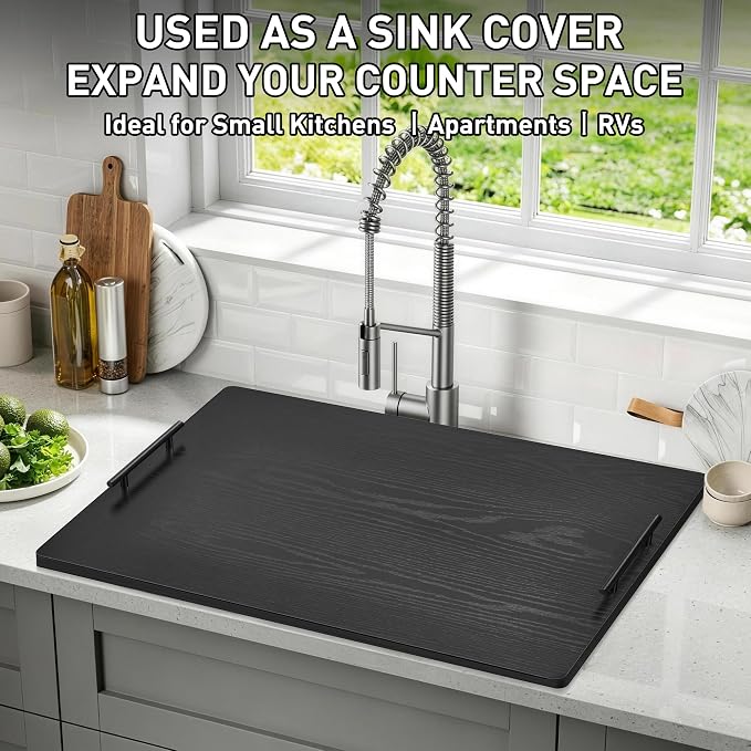 Noodle Board Stove Cover with Handles, Stove Top Covers for Gas Burners and Electric Stove, Wood Stove Cover Board Decorative Serving Tray Kitchen Sink Cover (Black)