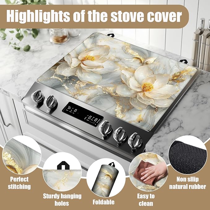 Magnolia flower Stove Top Covers for Electric Stove,Gold Marble Electric Gas Stove Pad Heat Resistant Range Cooktop Protector for Home Decor Kitchen 28"x20"