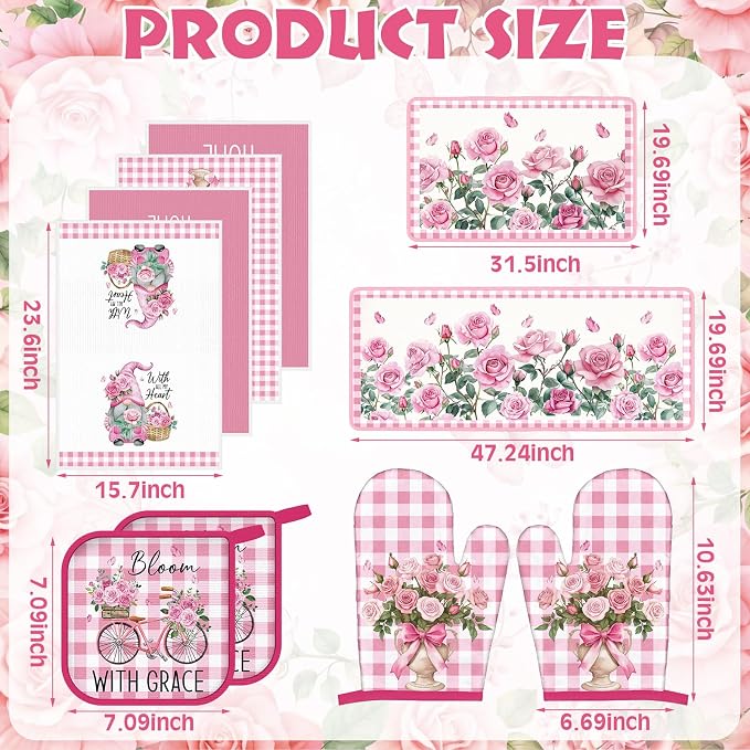 Fourluoo 10 Pcs Pink Rose Kitchen Decor Set Towels and Rugs Oven Mitts and Pot Holders Farmhouse Spring Kitchen Decor Set for Women Mom Gift Cooking Baking Grilling