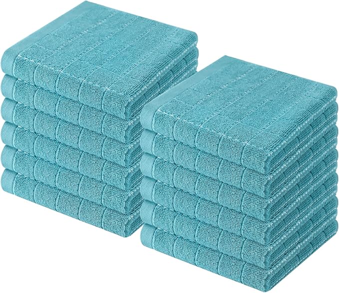 Homaxy 100% Cotton Terry Kitchen Dish Cloths, 12 Pack, Lake Blue | Ultra Soft and Absorbent, Suitable for Drying and Washing Dishes