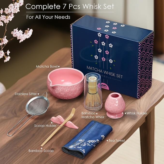 7Pcs Matcha Whisk Set, Matcha Set Whisk and Bowl,Bamboo Scoop, Scoop Rest, Sifter and Tea Towel, Matcha Kit W/Carved Cherry Blossm Pattern for Matcha Lovers (Sakura Pink) | Bamboo Scoop, Scoop Rest, Sifter and Tea Towel, Matcha Kit W/Carved Cherry Blos...